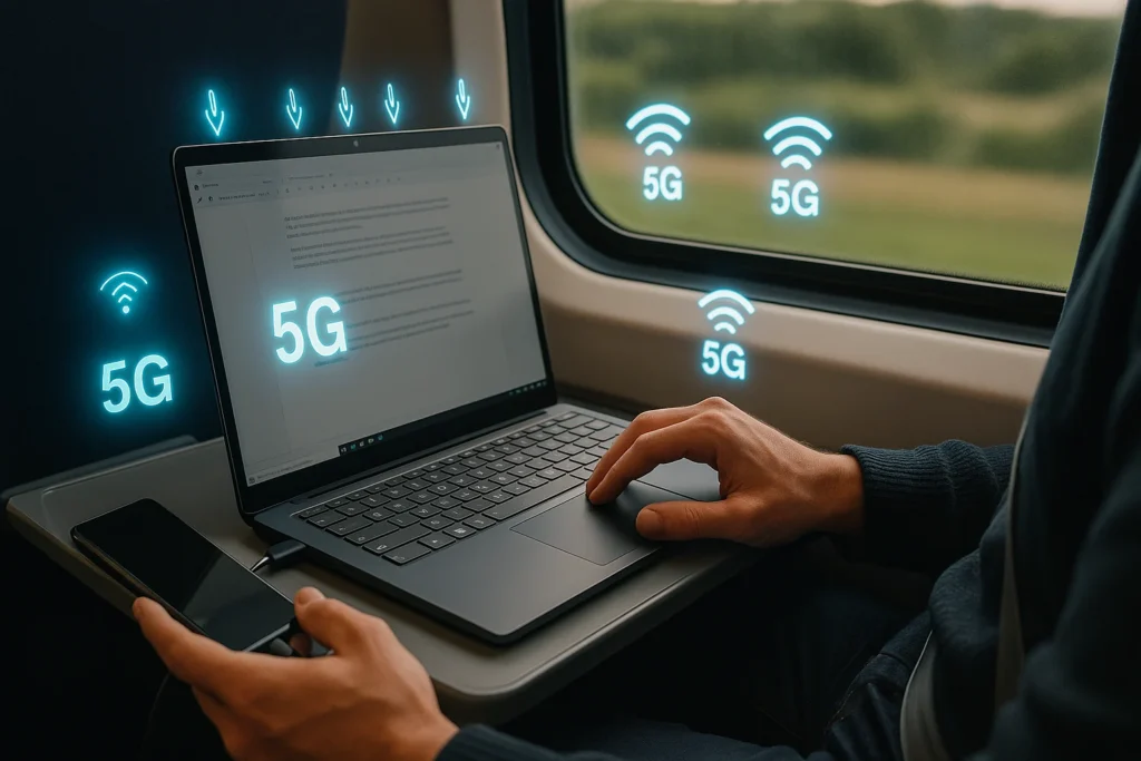 Microsoft Surface Laptop 7 being used in a moving train with 5G signals and phone tethering visible.