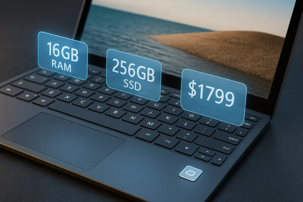 Microsoft Surface Laptop 7 close-up highlighting 16GB RAM, 256GB SSD, $1799 price, and glowing AI Copilot key.