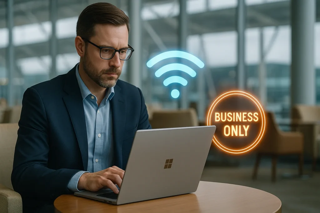 Business traveler using Microsoft Surface Laptop 7 with glowing 5G signal and "Business Only" badge in an airport lounge.