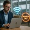 Business traveler using Microsoft Surface Laptop 7 with glowing 5G signal and "Business Only" badge in an airport lounge.