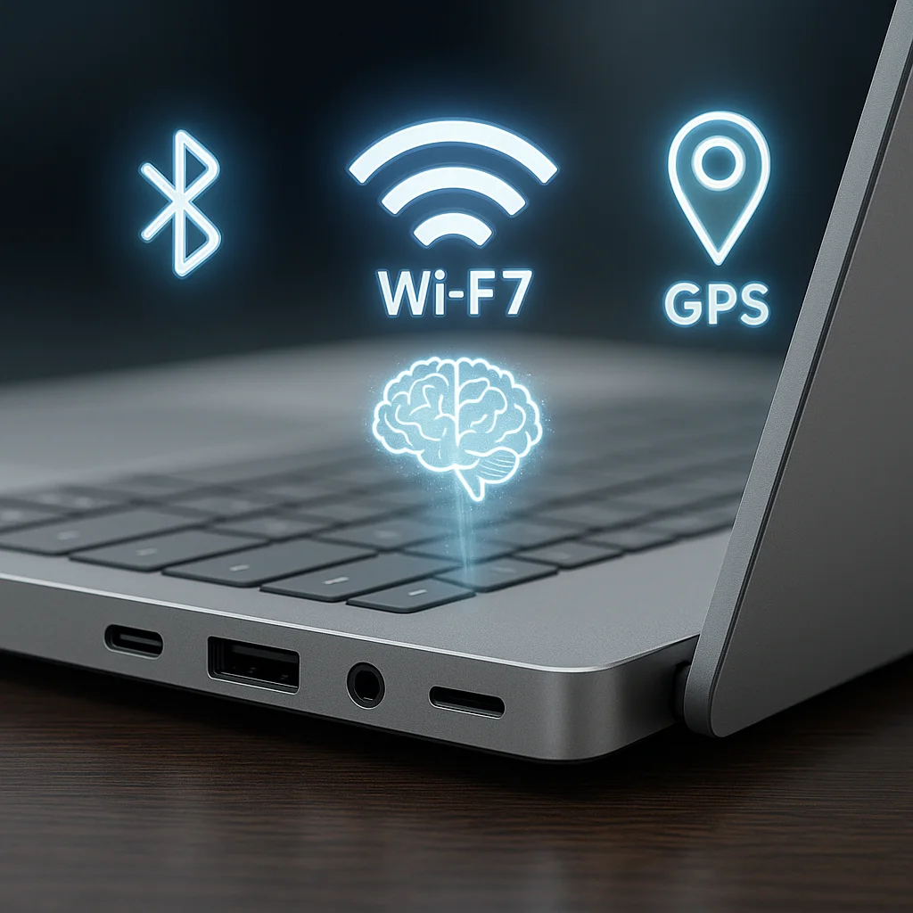 Rear view of Microsoft Surface Laptop 7 showing ports and floating icons for Bluetooth, Wi-Fi 7, and GPS.