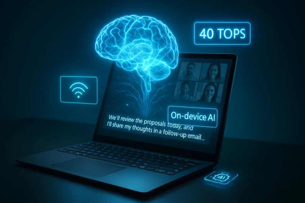 Surface Laptop 7 transcribing a virtual meeting with glowing brain, 40 TOPS, and On-device AI overlays.